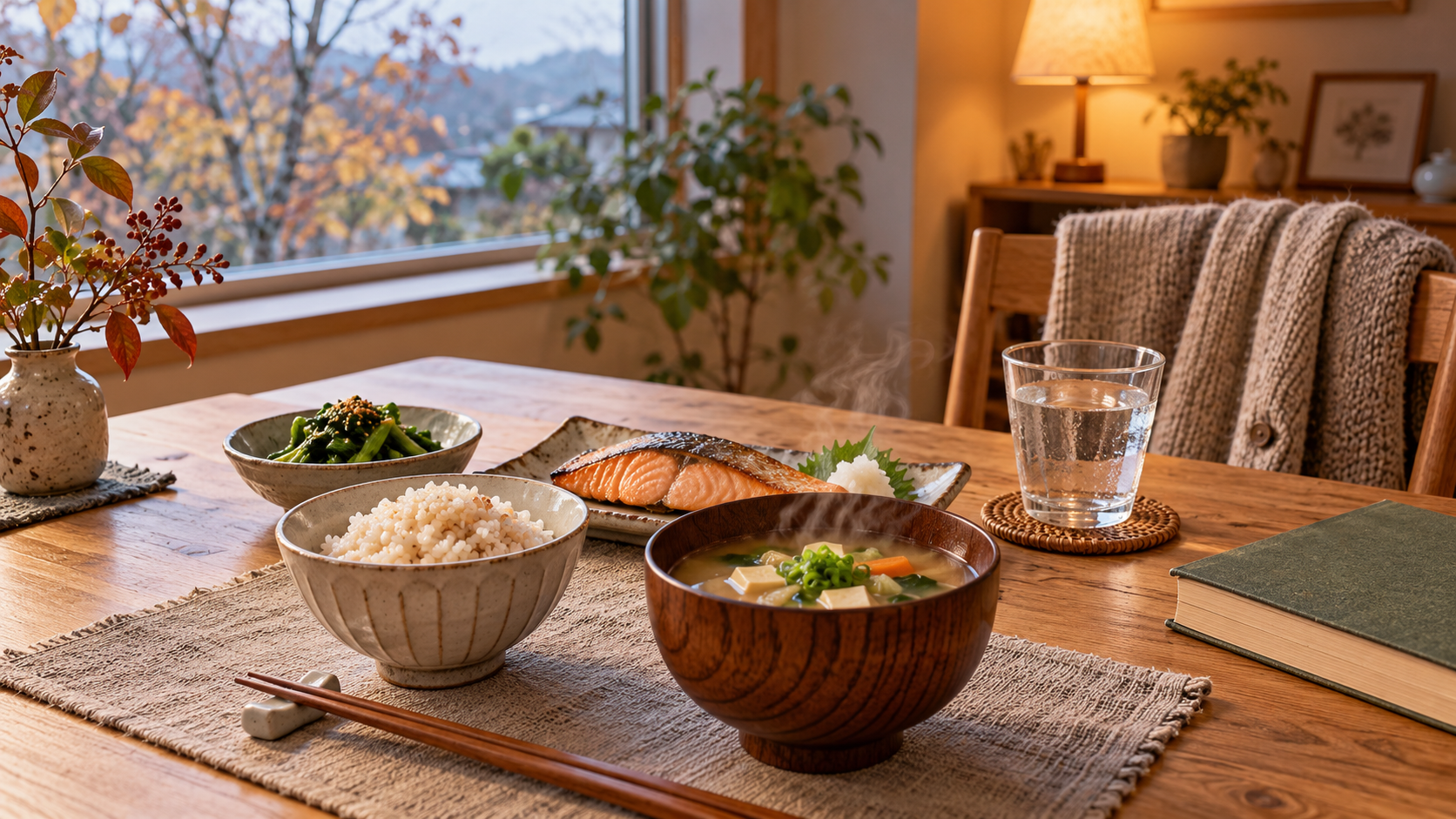 温かな室内の食卓に並ぶご飯、焼き鮭、野菜と豆腐のみそ汁、副菜のイメージ
