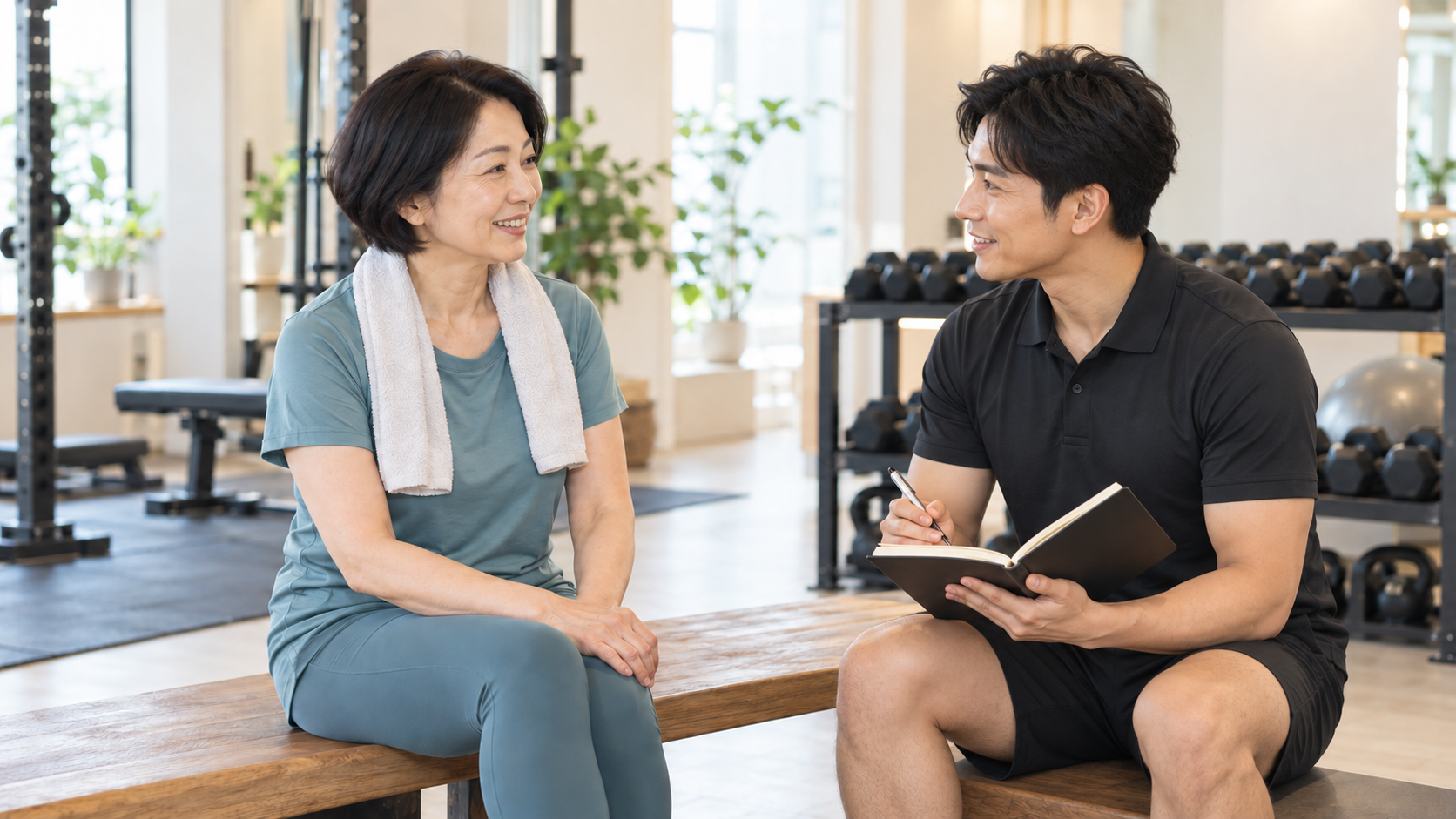 運動について相談する女性とトレーナーのイメージ