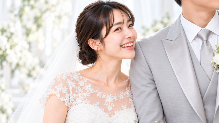 白いウエディングドレスを着て、夫の隣で笑顔を見せる20代女性のイメージ