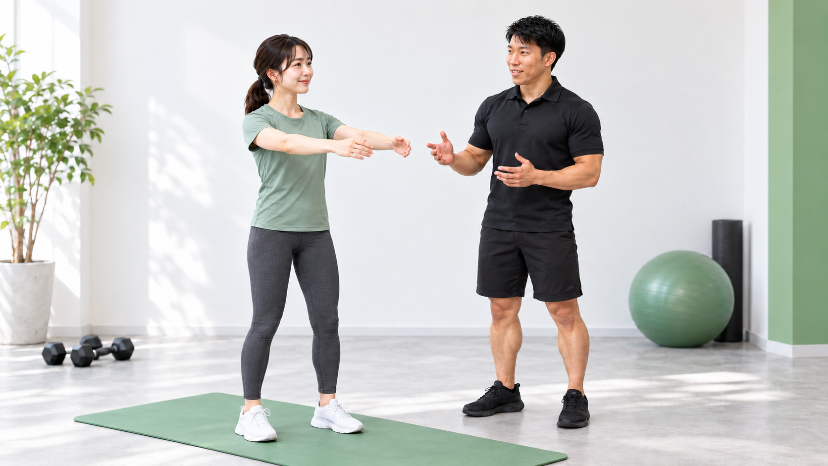 トレーナーの案内で姿勢を意識しながら身体を動かす女性のイメージ